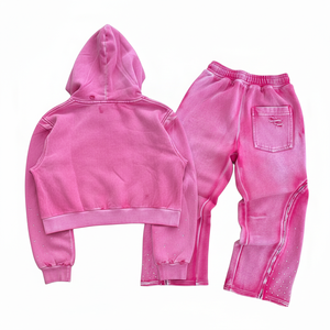 Glory Custom Acid Wash Rhinestone French Terry Cropped Hoodie With Baggy Knitted <b>Pant</b> New Trendy Look For Unisex Street Wear - Product Image 2