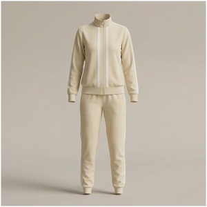 Conjunto Deportivo de Mujer Color Crema, Manga Larga, Cuello Alto, Cierre Frontal, Pantalones Jogger Casuales de Color Sólido con Bolsillos Laterales, Ropa de Otoño - Product Image 1
