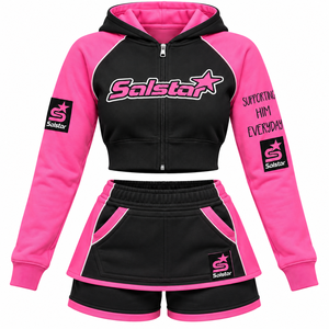 Conjunto Deportivo de 3 Piezas para Mujer, Sudadera con Capucha Corta Negra y Rosa, Falda y Pantalones Cortos, Ropa Deportiva Informal con Logotipo Personalizado - Product Image 1