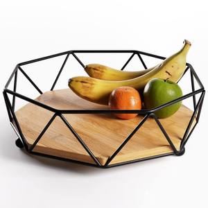 Corbeille à fruits en métal noir avec base en bois, bol à fruits décoratif, organisateur de rangement pour comptoir de cuisine, table à manger, décoration intérieure - Product Image 1