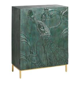 Gabinete de Bar de Gran Capacidad, Diseño Moderno, Tallado a Mano en Madera de Mango con Acabado Verde Azulado - Product Image 1