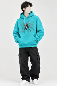 Sweat-shirt à capuche turquoise pour homme, décontracté, avec poche avant, imprimé toile d'araignée noire, 100% coton, coupe ample - Product Image 6