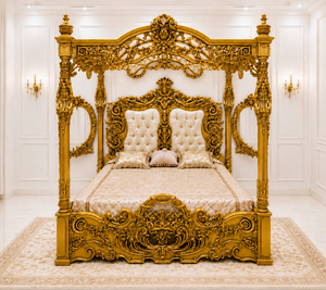 Lit à baldaquin en bois sculpté à la main style Maharaja, avec tables de chevet, pour chambre à coucher, mobilier antique doré pour la maison. - Product Image 2