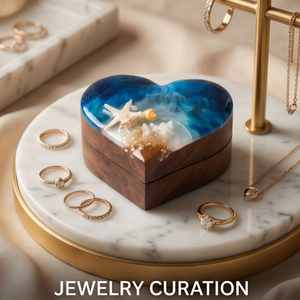 Caja de Joyería de Bambú con Resina Epoxi Pulida en Forma de Corazón, Caja para Anillo de Compromiso con Ola Oceánica 3D, Estilo Marino, para Regalo - Product Image 2