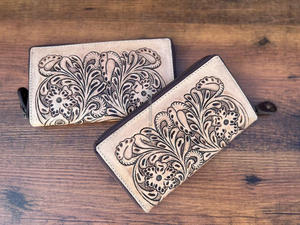 Cartera de chequera de cuero occidental con herramientas a mano, Cartera de cuero genuino 100% con cremallera Floral, Cartera de mano de mujer de piel de vaca personalizada - Product Image 4