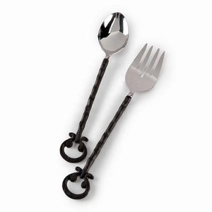 Embossed Design Golden Brass Handle Stainless Steel Salad <b>Server</b> for Home and Hotels Tabletop Silver Salad <b>Server</b> Sets - Product Image 4