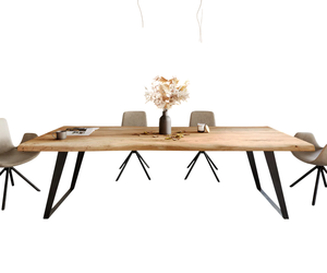 Table de salle à manger rectangulaire en bois massif d'acacia indien, bord brut, base métallique, écologique, sur mesure, pour la maison et la cuisine – Offre Spéciale - Product Image 2