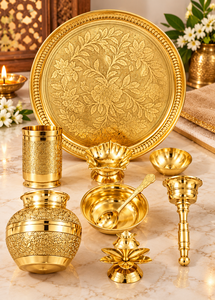 Ensemble de thali de prière en métal haut de gamme avec assiette en laiton gravée de motifs floraux, kalash, bols Diya, cuillère et accessoires de culte indiens traditionnels - Product Image 5
