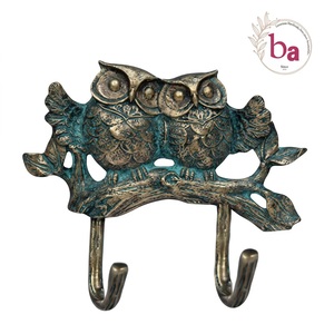 Porte-manteau mural double réglable en fonte de laiton bleu vieilli, motif hibou, fait main, écologique et durable, pour vêtements - Product Image 2
