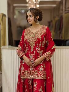Ensemble 3 pièces palazzo en faux georgette épaisse pour femme, avec broderie de sequins, manches fantaisie, bordure Latkan, dupatta en dentelle prête à l'emploi, séchage rapide - Product Image 2