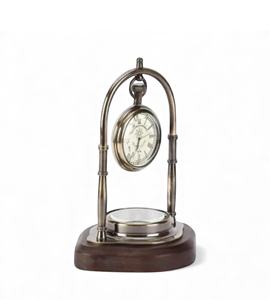 Elegant Brass Table Clock with Wooden Base Retro Victorian Pocket Watch Style Timepiece - Product Image 1
