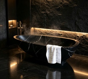 Luxury Oval Freestanding Bathtub Black Marble Finish With <b>White</b> <b>Towel</b> Durable Porcelain Enameled For Adults <b>Bathing</b> - Product Image 1