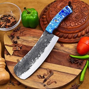 Couteau à viande artisanal en acier au carbone avec manche en résine bleue et étui en cuir – Couteaux de survie et de chasse en gros - Product Image 5