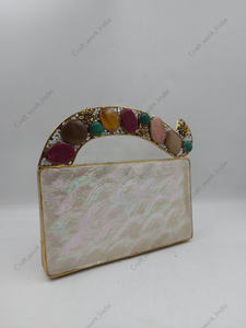 Handcrafted Mother of Pearl Clutch with Floral Gold Handle Crystal Embellished Luxury Evening Bridal Statement Bag <b>Handbag</b> - Product Image 3