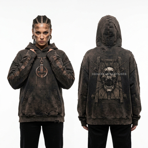 Sudadera con capucha marrón de textura de henné para mujer, con estampado gráfico de calavera en llamas, efecto desgastado y bordado de cruz único - Product Image 5