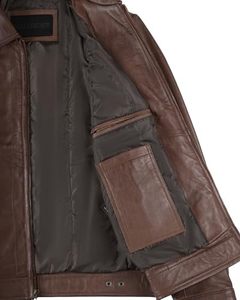 <b>Brown</b> <b>Leather</b> <b>Jacket</b> <b>Men</b> Zip Up Turn Down Collar Moto Biker Style Casual Outerwear Autumn Wear Regular Fit Cotton Lining - Product Image 5
