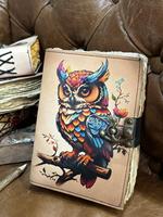 Agenda en cuir à couverture rigide avec imprimé hibou, 100 feuilles, papier vintage en coton à bords festonnés, reliure cousue, logo personnalisé