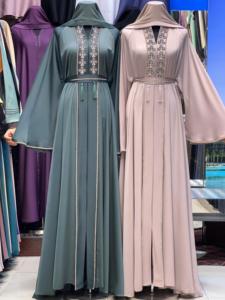 2026 New V Neck Long Sleeve Floor Length Modest Polyester Handmade <b>Flared</b> Hem Abaya Beaded Detail Women's Traditional Muslim - Product Image 2