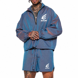 <b>Men's</b> <b>Summer</b> Iridescent Blue Shiny 2 Piece Windbreaker <b>Jacket</b> Shorts Set Drawstring Stand EKIN Logo Metallic Reflective Athletic - Product Image 3