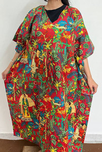 Vestido Kaftán Largo de Algodón Estampado para Mujer con Patrones Étnicos Vibrantes, Comodidad Ligera y un Atractivo de Moda sin Esfuerzo - Product Image 3
