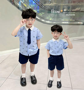 Conjunto de Verano para Niños, Estilo Británico Informal, Ropa Formal Elegante con Estampado de Oso, Camisa y Pantalones Cortos + Corbata - Product Image 1