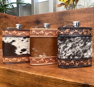 2024 New Wholesale 8oz Portable Brown Cowhide Leather Wrapped Stainless Steel Hip <b>Flask</b> Hand Tooled Leather Wine Whiskey <b>Flask</b> - Product Image 4