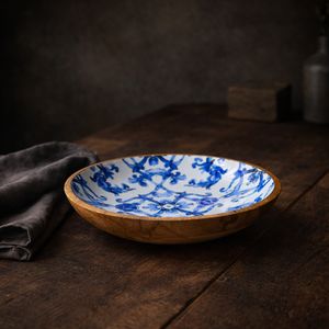 Juego de vajilla de madera de mango tallada a mano, ecológica, con acabado brillante en azul acuarela, tazón poco profundo de 14 pulgadas. - Product Image 3