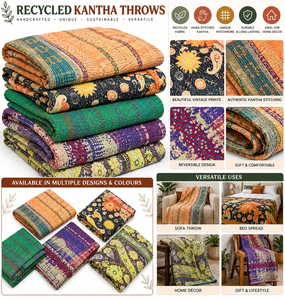 Jetés Kantha recyclés faits à la main, couvertures en patchwork de coton vintage, couvre-lits bohèmes pour la décoration intérieure, vente en gros de textiles de maison - Product Image 6