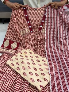 Conjunto de Kurta Anarkali de 3 Piezas para Mujer, Estampado Floral, Algodón Oxford, Cuello en V, Manga Tres Cuartos, Elástico, Ropa Formal para Fiesta - Product Image 6