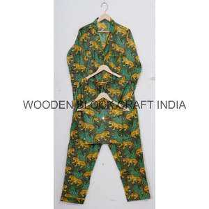 ชุดนอนผ้าฝ้ายเนื้อนุ่มพิเศษลายสัตว์สำหรับผู้หญิง ชุดเสื้อเชิ้ตและกางเกงขายาวสำหรับฤดูร้อน งานแฮนด์เมดใหม่ ดีไซน์หรูหรา - Product Image 6