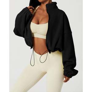 Sudadera Corta Oversize de Forro Polar Negro para Mujer con Cremallera, Cuello Alto, Hombros Caídos, Manga Larga, Color Sólido, Ideal para Otoño, Alta Demanda - Product Image 4