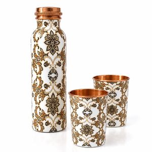 Floral Pattern Copper Water <b>Bottle</b> with 2 Glasses Reusable <b>Vintage</b> Design Portable Drinkware Set for Home Office & Outdoor Use - Product Image 4