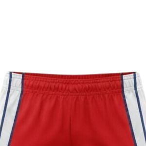 Shorts de netball unisexe rouge et blanc sublimés en polyester léger, uniforme sportif athlétique avec panneau latéral à rayures, tenue de performance - Product Image 5