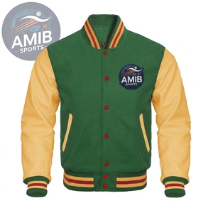 Veste universitaire verte pour homme en cuir véritable avec manches jaunes et boutons rouges, style décontracté universitaire, respirante, idéale pour l'automne - Product Image 4