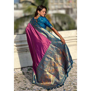 Sari en soie magenta Elite Weaves avec pallu Paithani et Kadiyal Zari tissé, sari ethnique pour soirée, réversible et extensible - Product Image 4