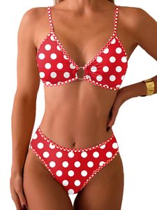 Women's <b>Red</b> Polka Dot Two Piece <b>Bikini</b> <b>Set</b> Printed Summer Crossed Halter Top Hipster Bottom Contrast Binding Stretch Swimwear - Product Image 1