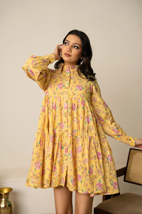 Vestido de Verano de Algodón con Estampado Floral Amarillo para Mujer |   Camiseta de Diseño Ligera, Transpirable y Casual de Manga Larga |   Ropa de Calidad de Exportación - Product Image 5