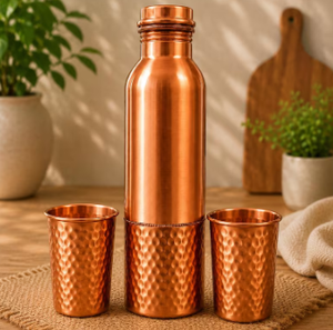 Ensemble cadeau de bouteille d'eau en cuivre pur de haute qualité avec deux verres martelés, réutilisables, pour le sport, récipient d'hydratation en métal - Product Image 2