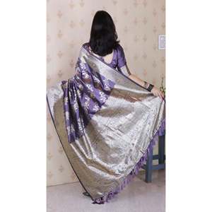 <b>Elite</b> Weaves Lavender Soft Silk Banarasi Jaal Meenakari Zari Woven Evening Saree 650g - Product Image 4