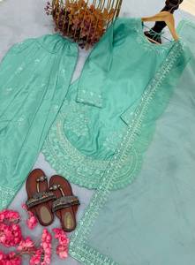 Salwar Kameez vert menthe brodé pour femmes, costume ethnique indien pakistanais avec dupatta - Product Image 3