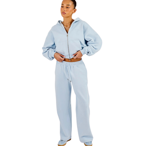 Womens Cropped Full <b>Zip</b> Hooded Tracksuit Set Relaxed Straight Leg <b>Trousers</b> Drawstring Waist Everyday Two Piece Athleisure Outfit - Product Image 1