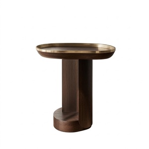 Eco-Friendly Simple Taper Ribbed Base Walnut Finish Wooden <b>Round</b> TOP <b>Side</b> <b>Table</b> Connected with Metal Brass Finish Base For Home - Product Image 6