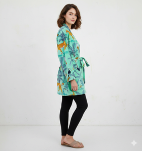 ชุดกิโมโนกำมะหยี่พิมพ์ลายสั้น ชุดกิโมโนโบโฮ ผ้าฝ้ายอินเดียบุซับใน ลายเลิฟคลาสสิค ของขวัญสำหรับผู้ใหญ่ ฤดูหนาว - Product Image 2