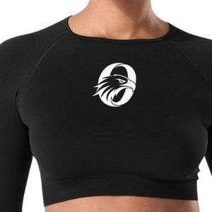 Black <b>Women's</b> Seamless Long Sleeve Crop <b>Top</b> <b>Compression</b> Gym Shirt Fitness Yoga Workout Activewear Stretch Athletic Training - Product Image 3