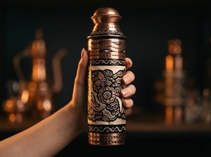 Designer Copper Water Bottle Handmade Artisanal Craft Smart <b>Drinkware</b> - Product Image 3