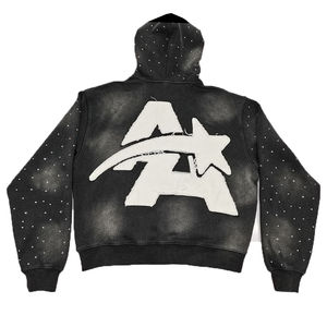 Sweat à capuche zippé court en molleton de coton pour homme, personnalisable, délavé à l'acide, avec broderie, appliqué, patch et strass - Product Image 2