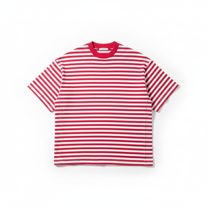 Oversized 100% Organic Cotton Striped Short Sleeve Casual <b>Tee</b> with Back Neck Logo for Men - Product Image 1