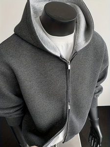 Sweat à capuche polaire brodé 100 % coton épais 430G pour homme – Veste d'hiver tendance style américain coupe ample bicolore - Product Image 6