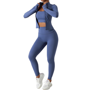 Women's Blue Seamless Yoga Set High Waist Leggings <b>Crop</b> <b>Top</b> With Zipper Jacket Activewear Fitness Outfit - Product Image 1