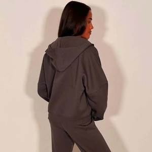 Conjunto Deportivo Informal para Mujer, Sudadera Corta con Capucha y Cremallera Gris, Pantalones a Juego, Manga Larga, Color Sólido, Felpa - Product Image 2